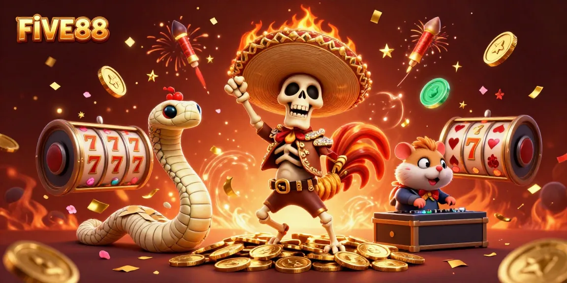 Celebrate wins at FIVE88 with a vibrant scene of a dancing mariachi rooster amidst slot reels and confetti.