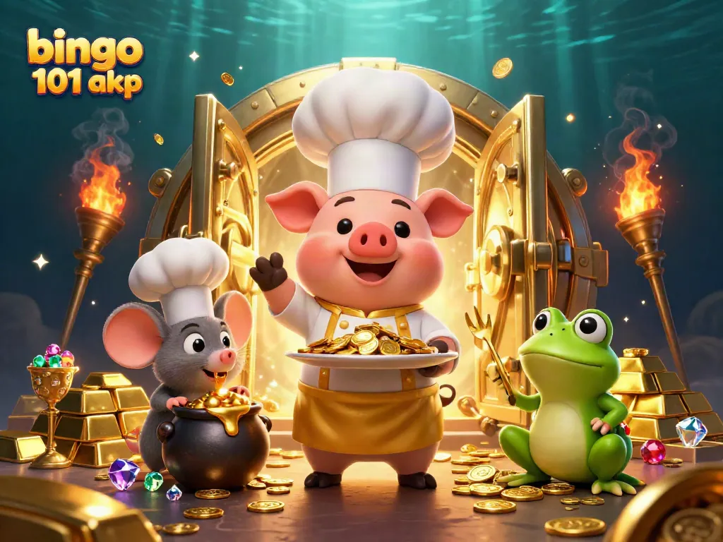 Permainan bingo 101 apk: ilustrasi oven dengan karakter pesulap dan dapur emas yang berkilau.
