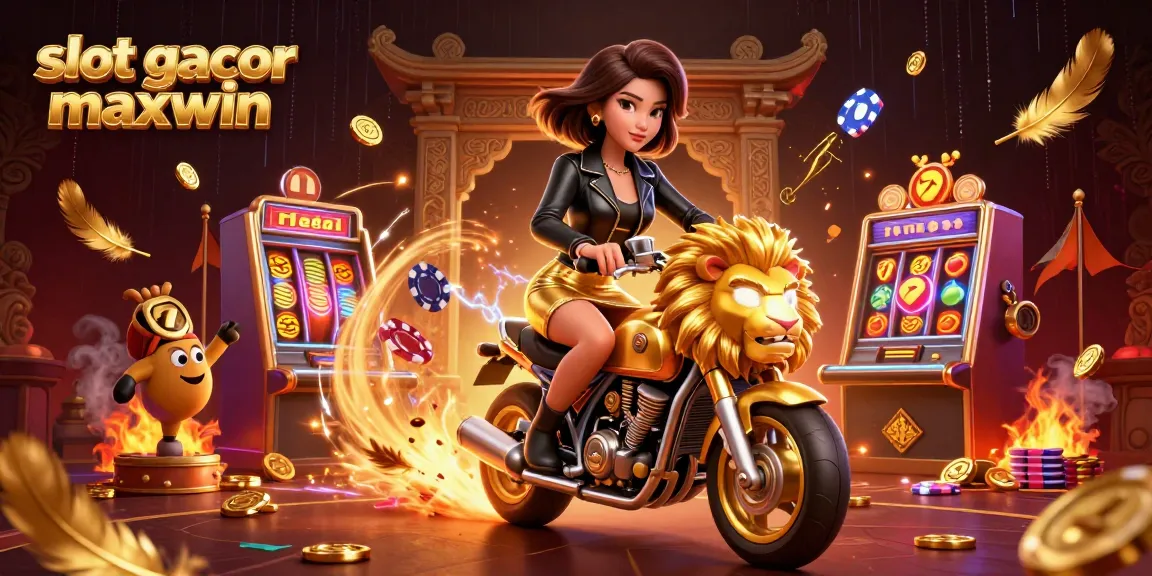 Experience the thrill of slot gacor maxwin with a dynamic casino illustration of a stylish character riding a golden lion.
