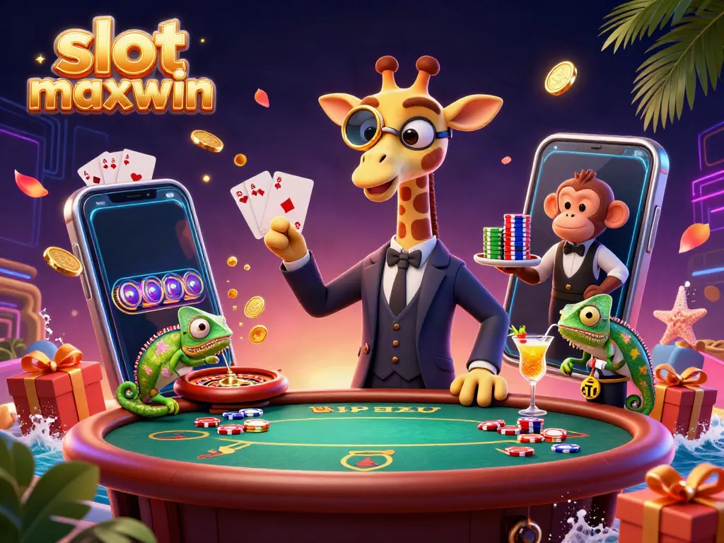Experience excitement with slot maxwin featuring a high-roller giraffe, monkey valet, and chameleon bartender in a vibrant casino atmosphere.