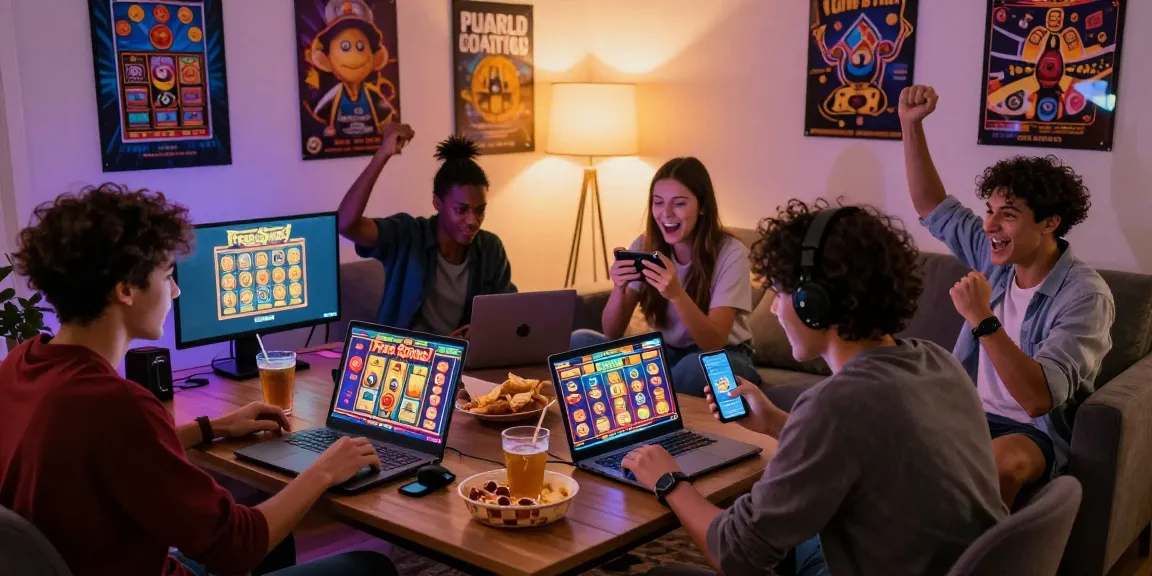 Friends enjoying slots on laptops at home with oppa86 link featured on screens.