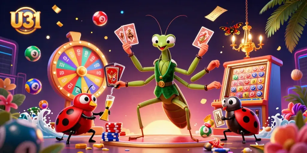 U31 online casino illustration featuring a 3D mantis dealer and vibrant gaming elements.