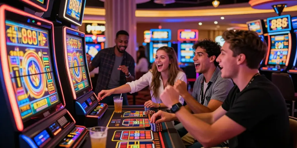 Exciting slot888 gaming experience at a vibrant casino with friends enjoying the moment.