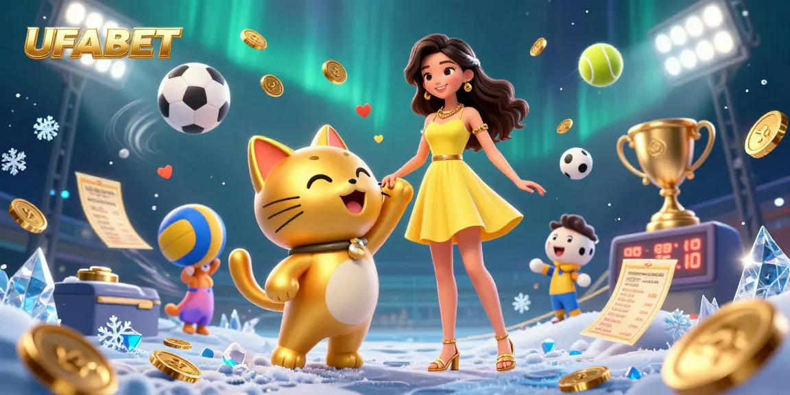 Bet on UFABET with a lively Asian woman, a golden lucky cat, and dynamic sports elements.