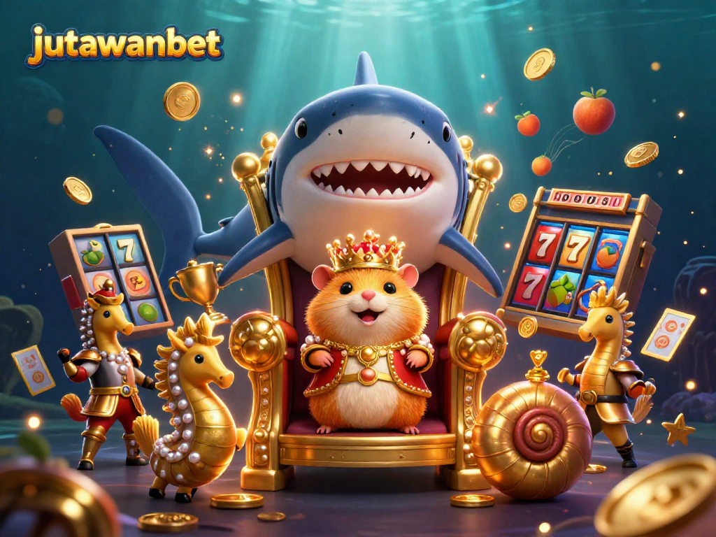 Experience the excitement of jutawanbet with a vibrant 3D scene showcasing a hamster king, slot reels, and rich casino elements.