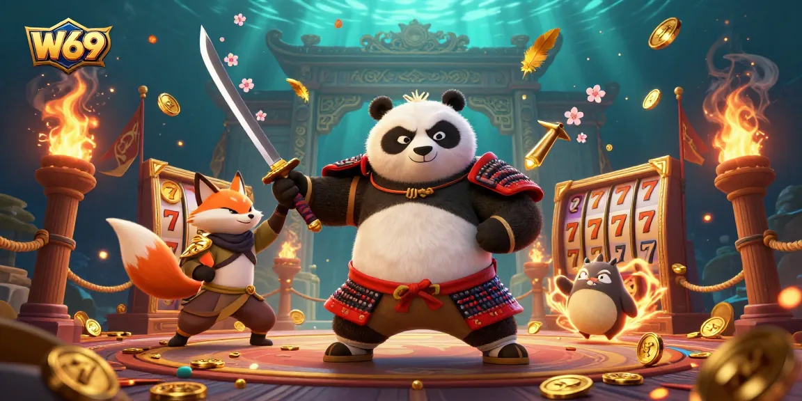 Engage with W69's vibrant casino action featuring a samurai panda, ninja fox, and magical elements.