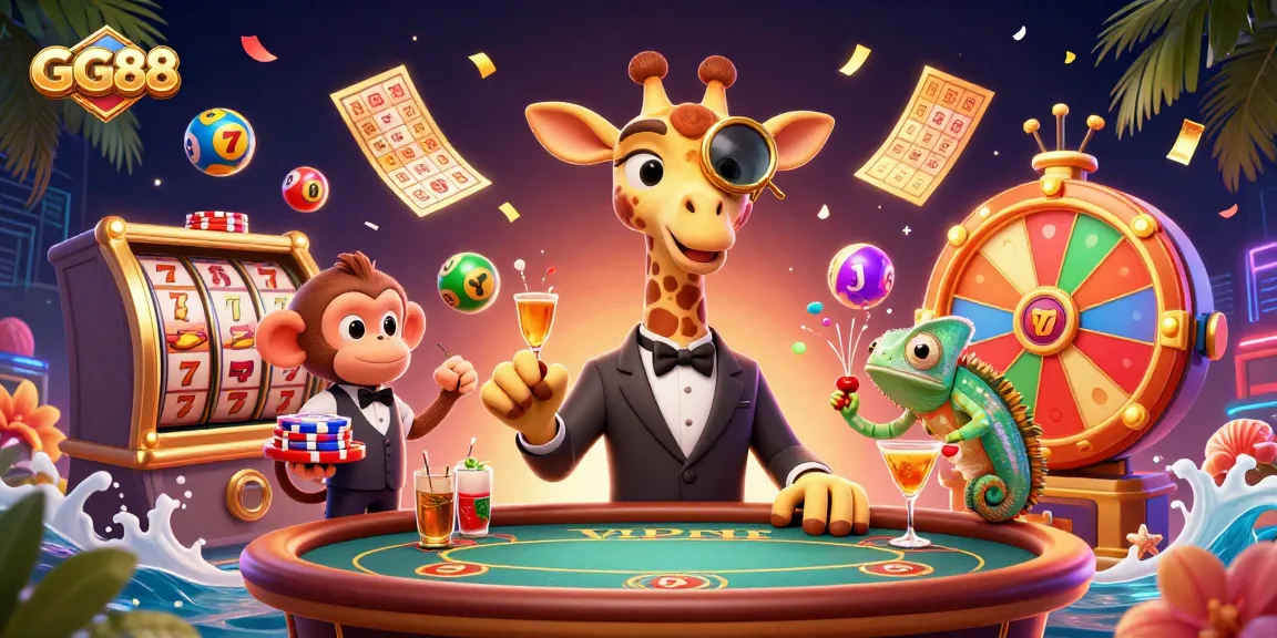 Experience GG88 excitement with a high-roller giraffe, poker action, and vibrant casino elements.