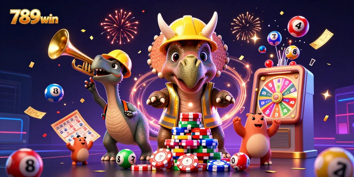 Experience excitement with 789win as the triceratops builds a poker chip pyramid in this gambling-themed illustration.