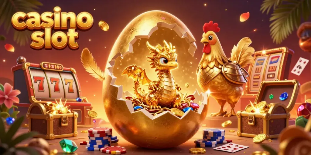 Experience thrilling magic of casino slot with golden dragon and colorful poker chips.