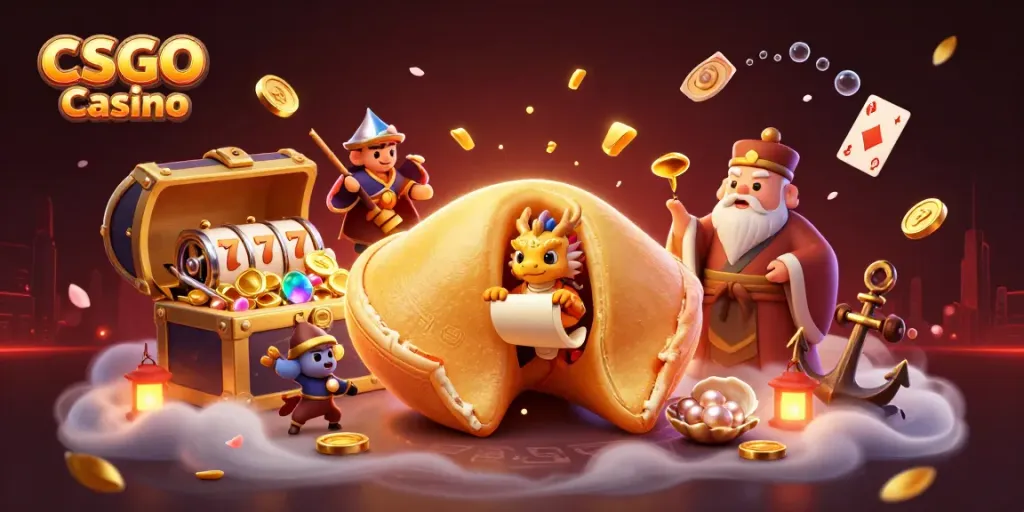 Join the action at a CSGO Casino with a whimsical fortune cookie and magical dragon surrounded by gold and slot reels.