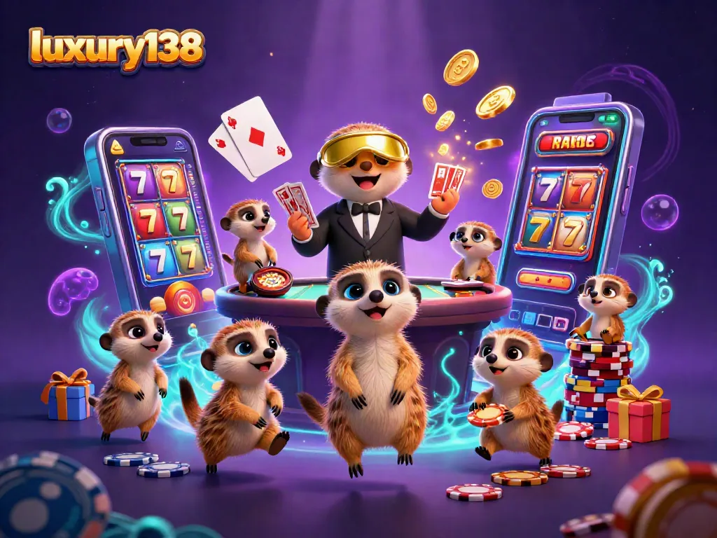 Engage with luxury138's vibrant casino scene as meerkats play slots and shuffle cards amidst dazzling effects.