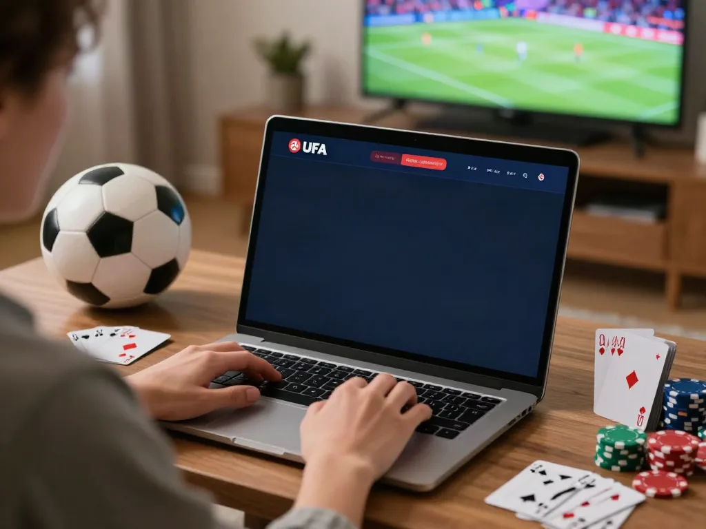 Engaged user exploring Ufa betting platform in a cozy living room.