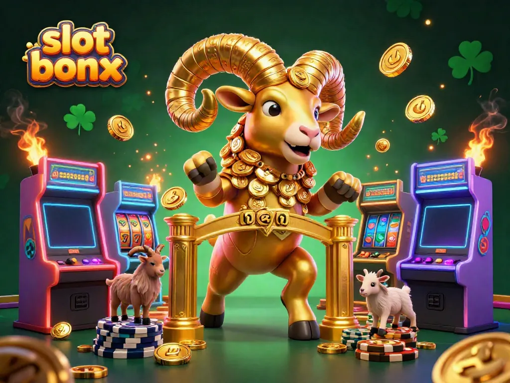 Experience an exciting slot bonus with a golden ram charging amidst vibrant reels and arcade games.
