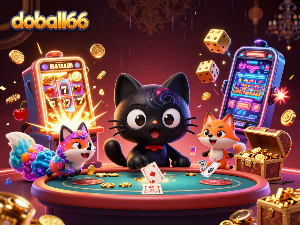 Experience doball66's vibrant universe with a cosmic casino scene featuring characters pulling in golden chips and cards.