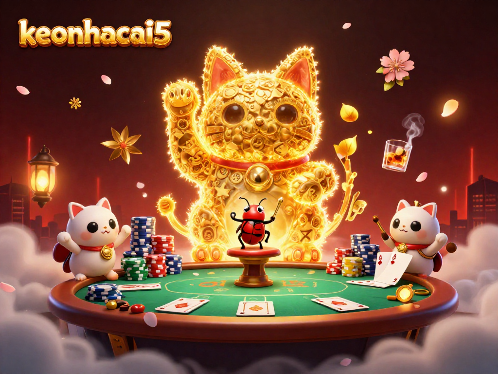 Engage with the vibrant keonhacai5 scene featuring a golden cat and poker elements, inviting casino adventure.
