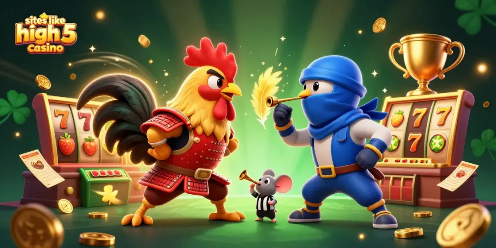 Experience thrilling action at sites like high 5 casino with dynamic roosters amidst vibrant slot elements.