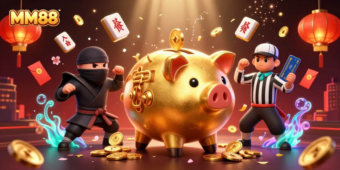 Experience big wins with MM88 in a vibrant 3D casino scene featuring a golden piggy bank and exciting game elements.
