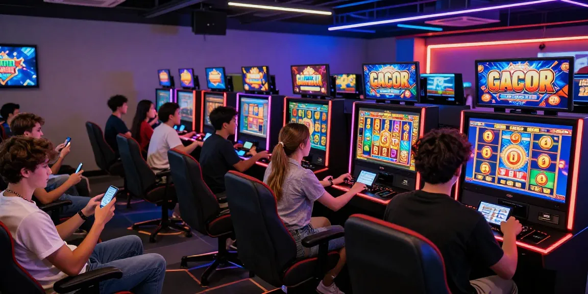 Permainan slot gacor di ruang gaming modern dengan pemain merayakan kemenangan besar.