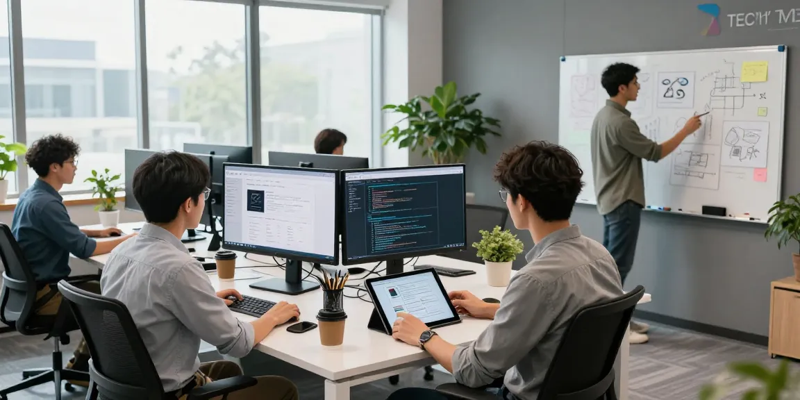 Website developer near me working in a modern tech office with dual monitors, team collaboration, and vibrant atmosphere.