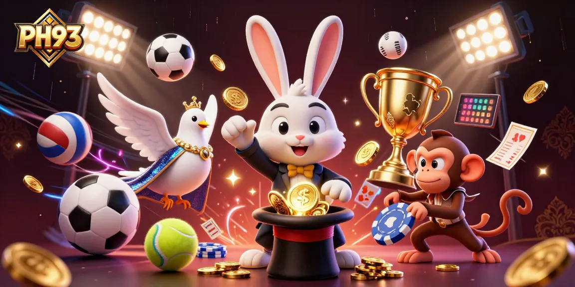 Experience magical wins at PH33 with a lively scene of a magician rabbit, dove, and monkey amid dynamic sports elements.