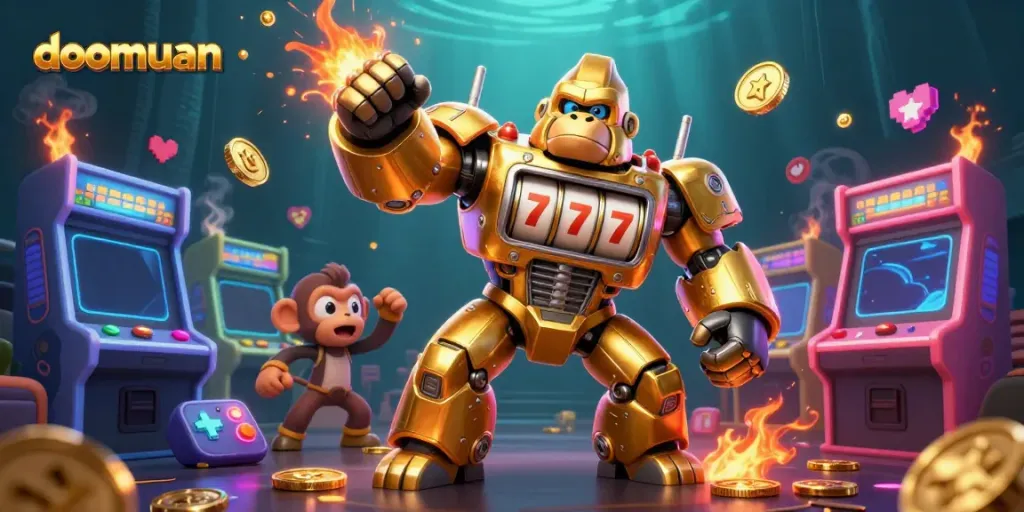 Doomuan showcases a golden mech gorilla, slot machine parts, and dynamic gaming elements exploding with coins.
