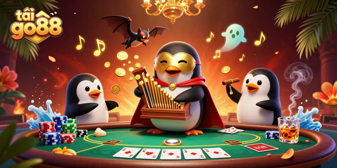 Play exciting games with tải go88 featuring a 3D penguin playing an organ amidst colorful poker elements.