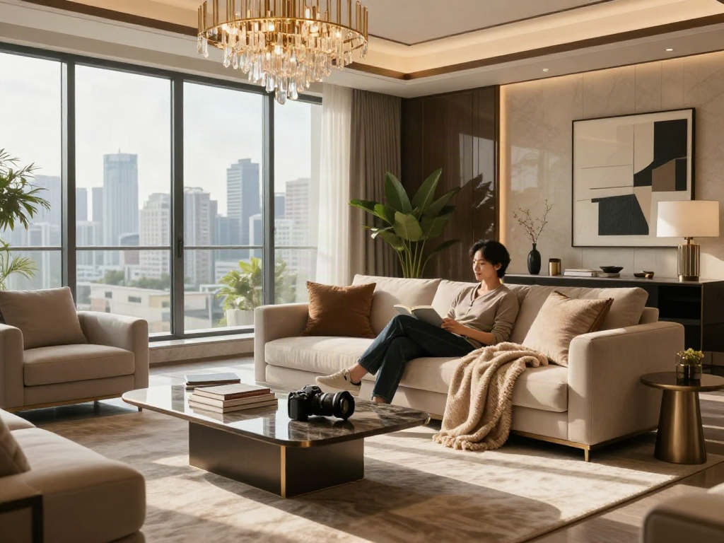 Interior mewah dengan elemen desain tinggi, LUXURY 111 di ruang tamu.