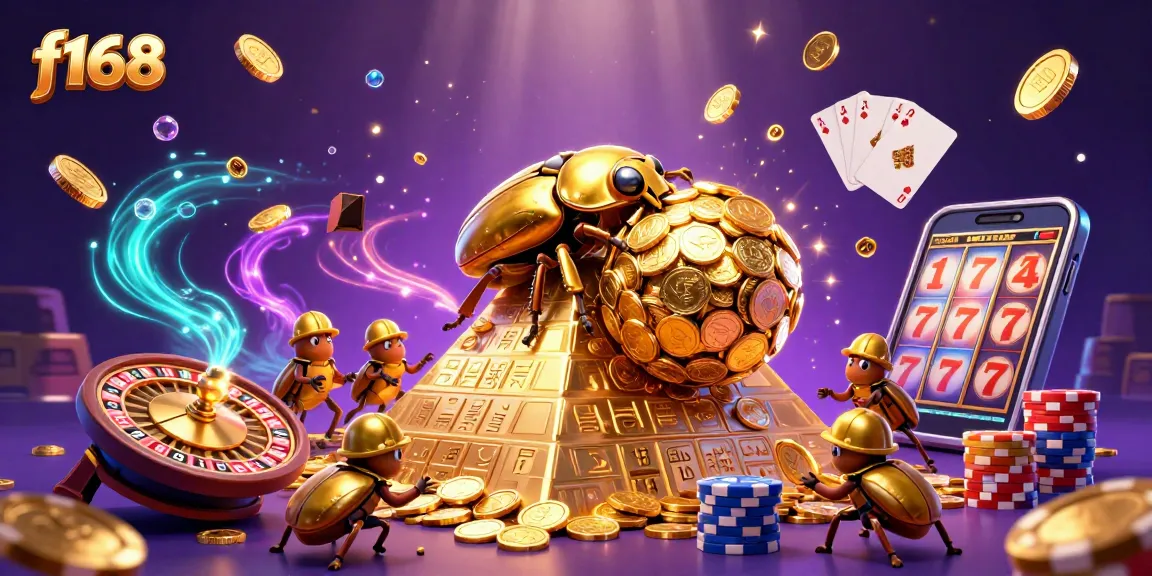 Experience winning with f168's vibrant 3D cartoon casino scene showing golden beetles and dazzling elements.