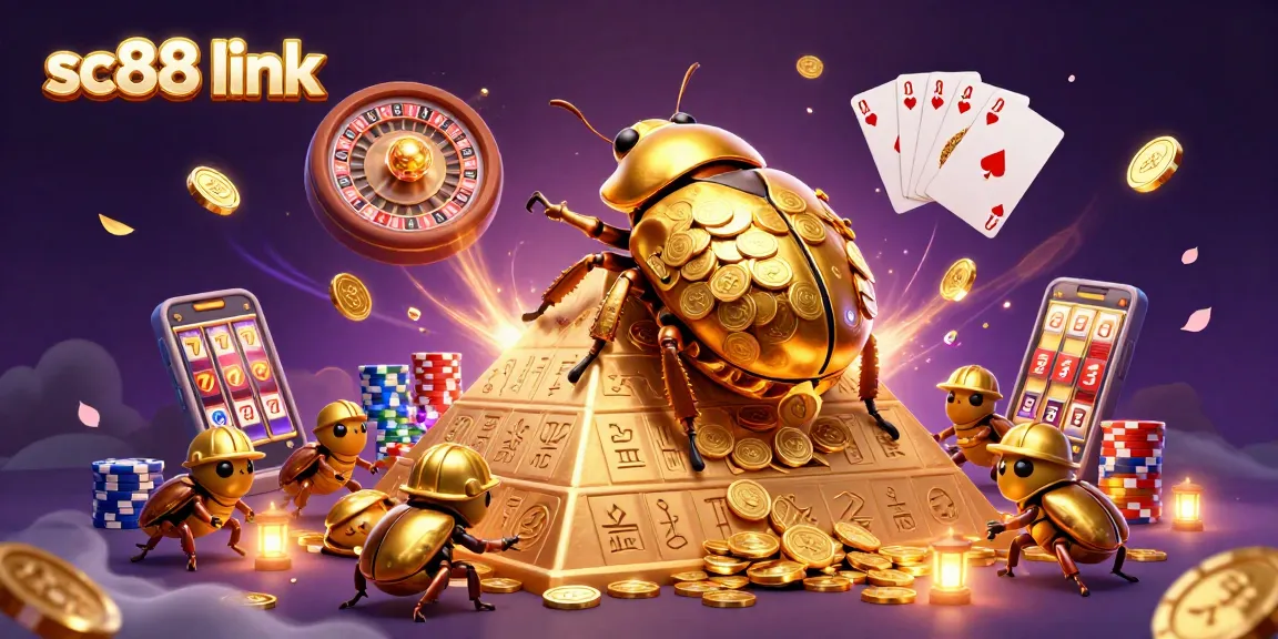 Experience winning with sc88 link as golden beetles roll towards jackpots amidst cascading coins.