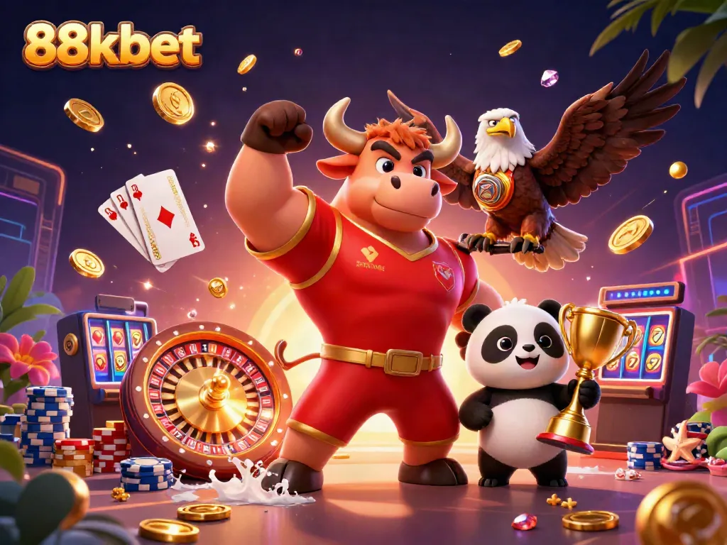Win big with 88kbet as the victorious bull mascot celebrates among golden coins and sparkling gems!