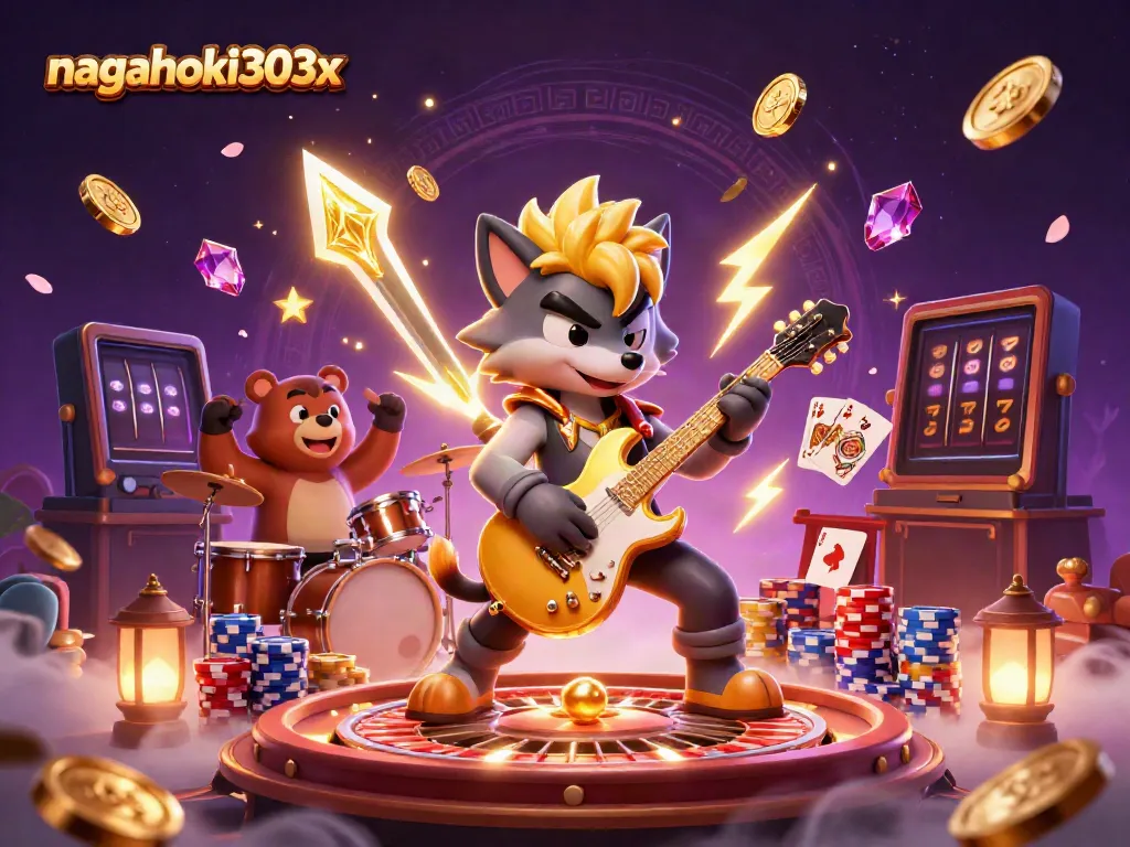 Permainan megah di nagahoki303x, menampilkan slot dan kartu judi dengan karakter kartun penuh energi.