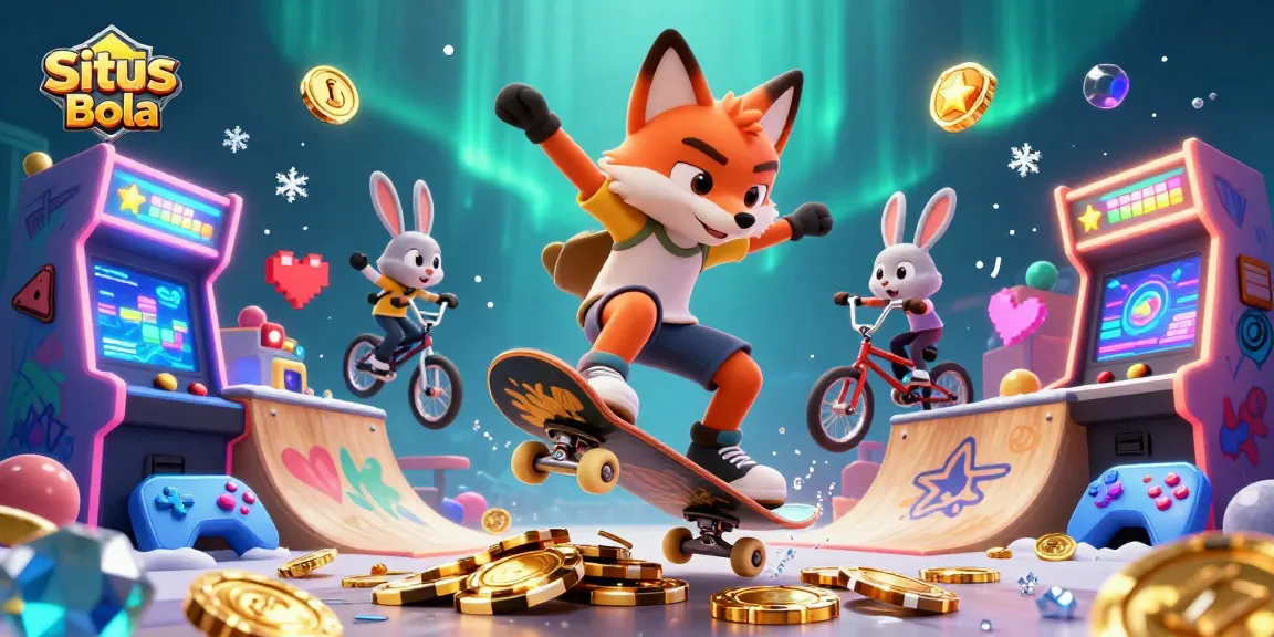 Situs Bola showcases a dynamic 3D scene with a skateboarder fox and BMX rabbit in an energetic casino environment.