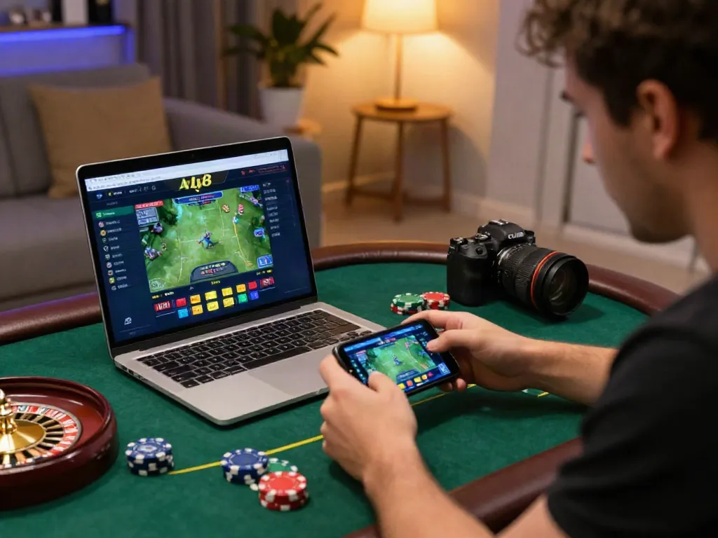 Interactive ALO8 gaming session with laptop and smartphone in a cozy atmosphere.