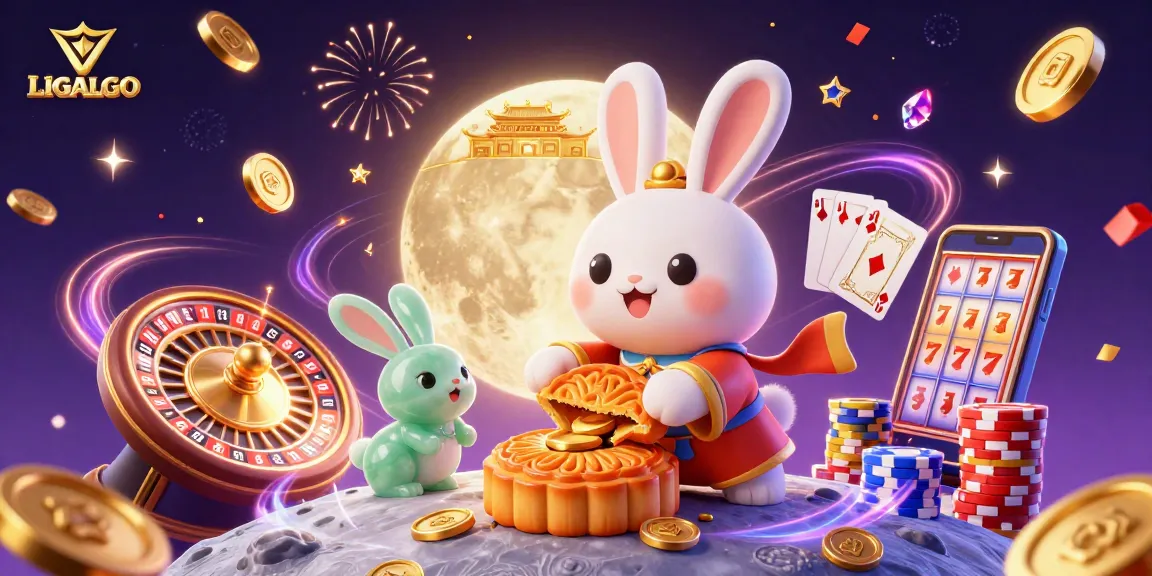 LIGALGO offers an exciting gaming experience with vibrant illustrations of moon rabbits and poker elements.