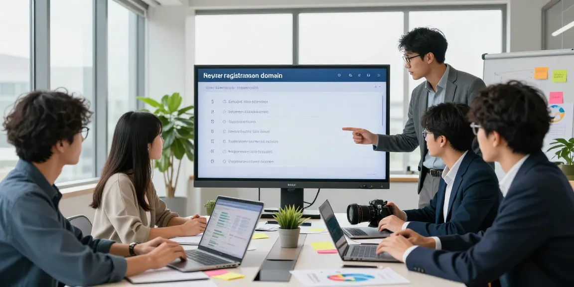 Business professionals strategizing using a new registration domain list in a collaborative workspace.