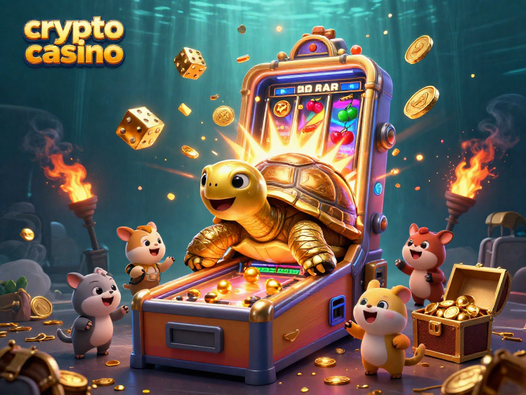 Join the excitement at a crypto casino with animated characters, slot machines, and a jackpot explosion of coins.