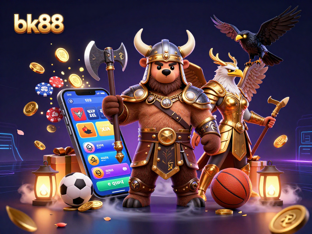 Win big with bk88 in this vibrant scene featuring sports betting elements and dynamic characters.