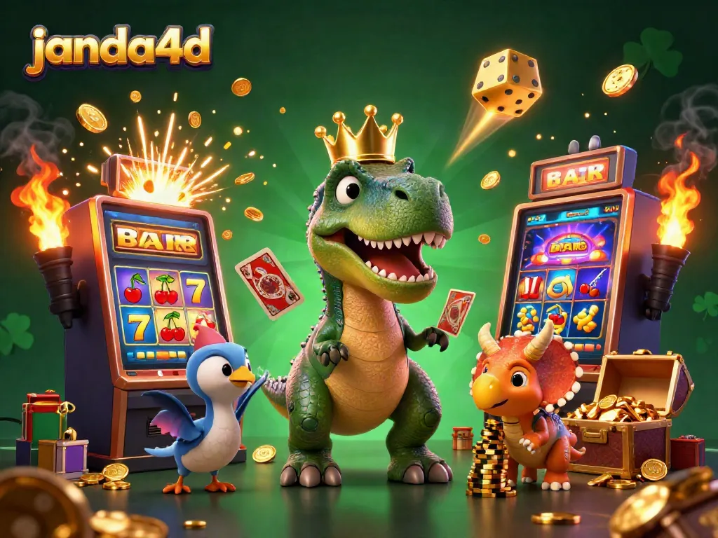 Ikutilah keseruan bermain di janda4d dengan karakter kartun T-Rex dan teman-teman saat menghadapi mesin slot jackpot yang berkilau.