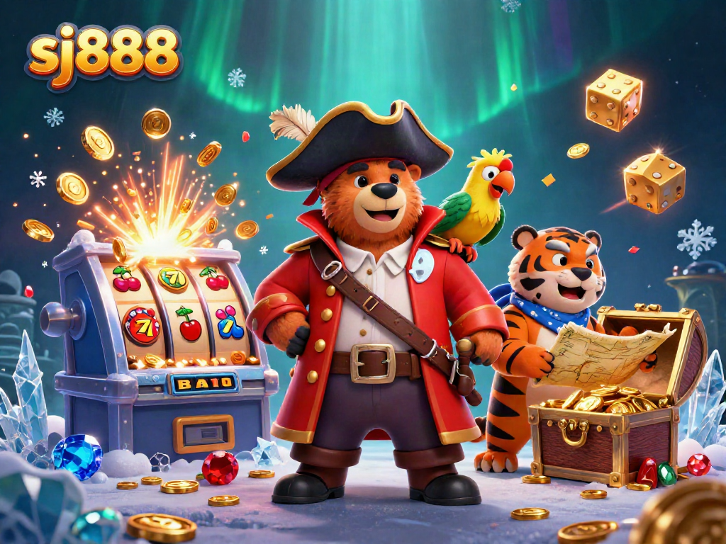 Sparkling sj888 jackpot scene with 3D cartoon characters and a bursting slot machine, enjoying thrilling gameplay.