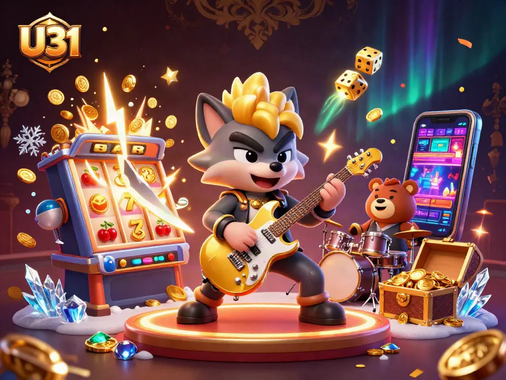 Experience the U31 casino thrill with a vibrant wolf rock star and explosive winning moments amid dynamic gaming visuals.