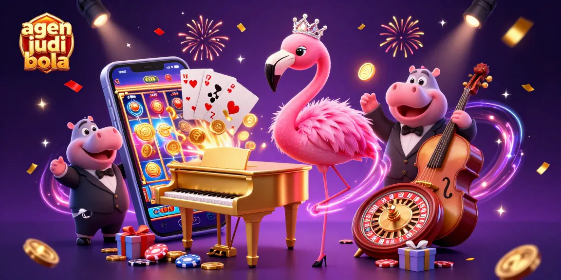Play exciting games with agen judi bola amid a vibrant casino scene featuring lively characters and thrilling gaming elements.