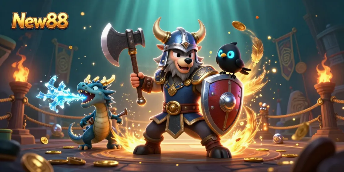 Experience thrilling gameplay at New88 with a Viking warrior, dragon, and raven amidst a dramatic casino scene.