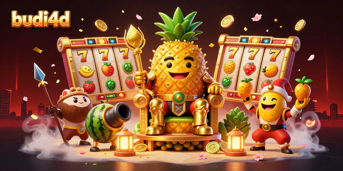 Budi4d showcases a vibrant casino scene with a golden pineapple king and dynamic gaming elements.