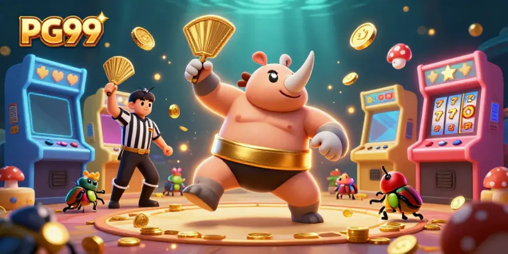 Experience exhilarating gameplay with PG99 as a rhinoceros beetle sumo champion unleashes golden coins in a dynamic casino scene.