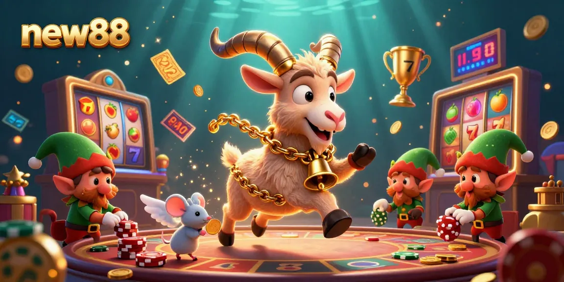 Taste the thrill of gaming at new88 with festive characters in a lavish casino scene.
