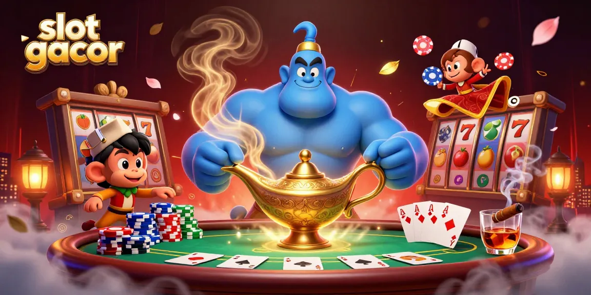 Terlibat dengan ilustrasi 3D dinamis slot gacor yang menampilkan jin, monyet, dan elemen kasino yang cerah.
