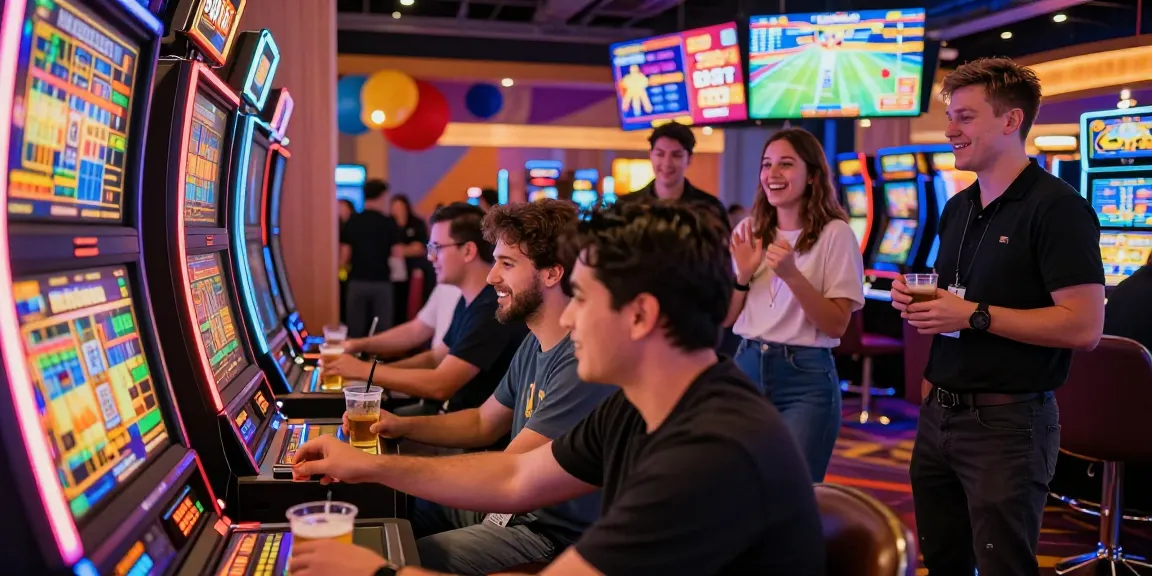 Casino gaming scene featuring players using slot deposit qris technology on machines, showcasing vibrant atmosphere.