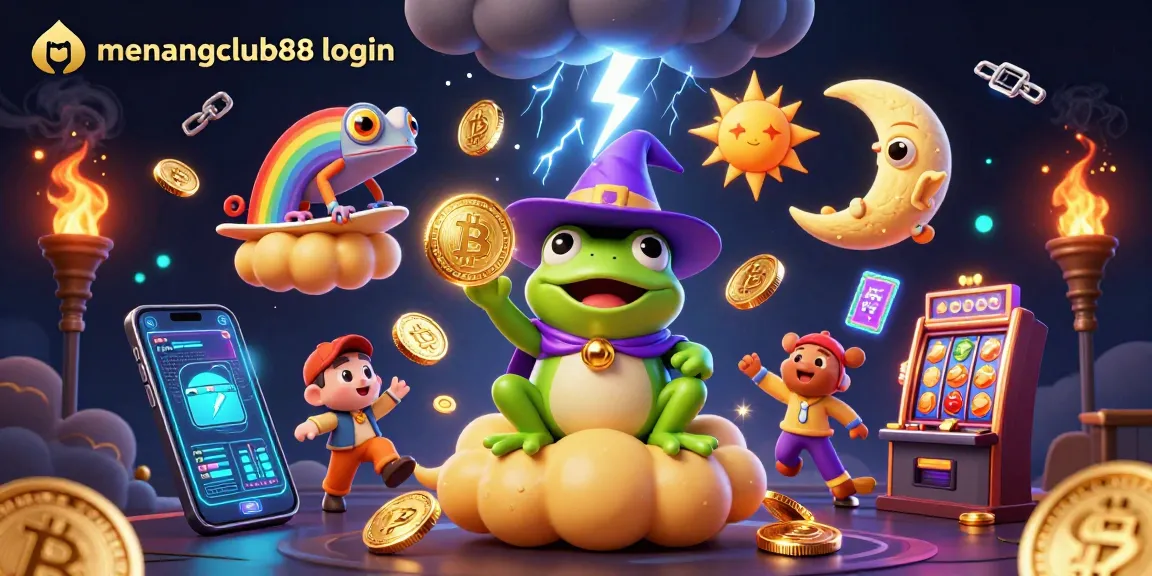 Experience the excitement with menangclub88 login as a cartoon weather wizard frog conjures golden coins and slot machines.