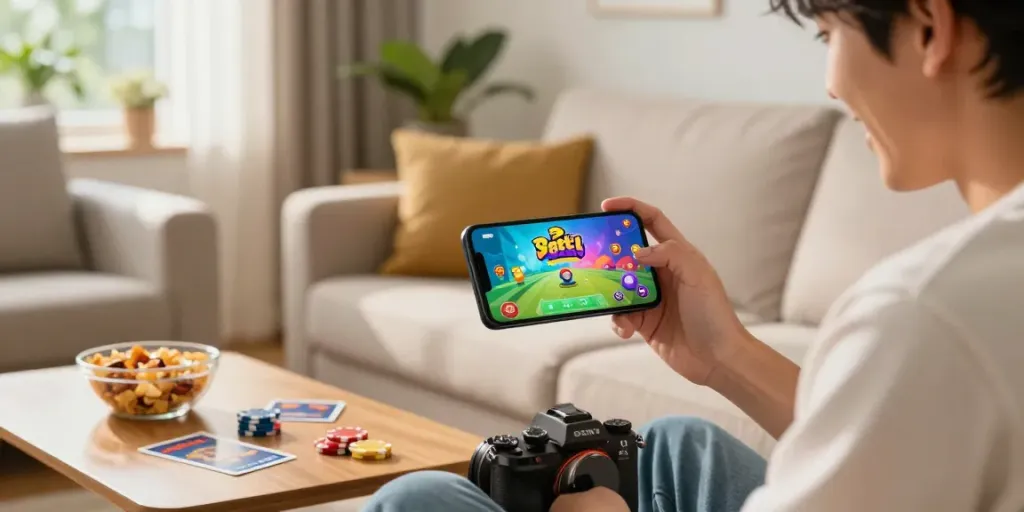 Enthusiastic player enjoying 3 Patti No1 on smartphone surrounded by a cozy living room.