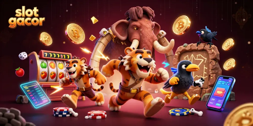 Menangkan slot gacor dengan gambar ilustrasi kasino prasejarah yang dinamis dan penuh warna.